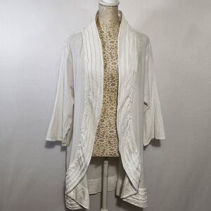 ABACA Cardigan White Open Front Embroidered Trim Lightweight Breathable SZ L